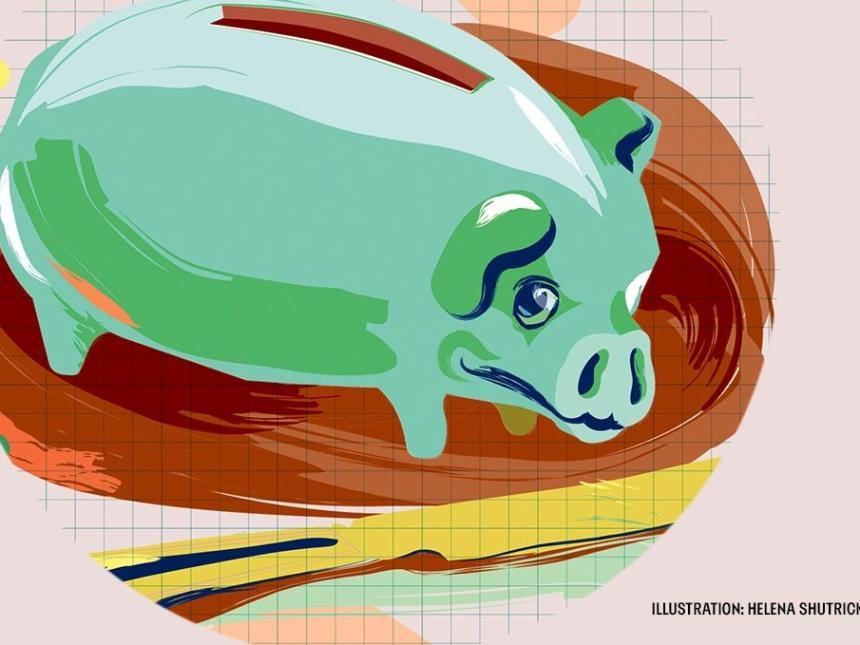 Illustration på en spargris med titeln Måste konstnärskapet gå i pension?
