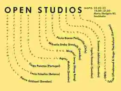 Grafisk böljande design med alla namn på konstnärerna som medverkar på IASPIS Open Studios i svart text mot gul bakgrund