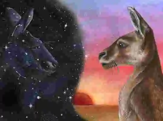 Huvuden av två kängurur, ett mot natthimmel och en mot solnedgång.