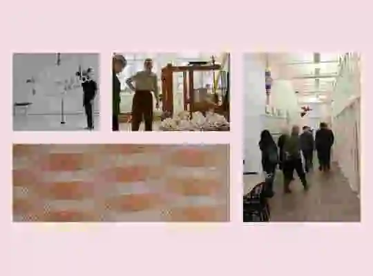 Collage med bilder på utskottet under en guidad visning av de olika ateljéerna. Dansaren Erik Eriksson och vävkonstnären Mirjam Hemström Farsi tar emot i dansstudio och ateljé.