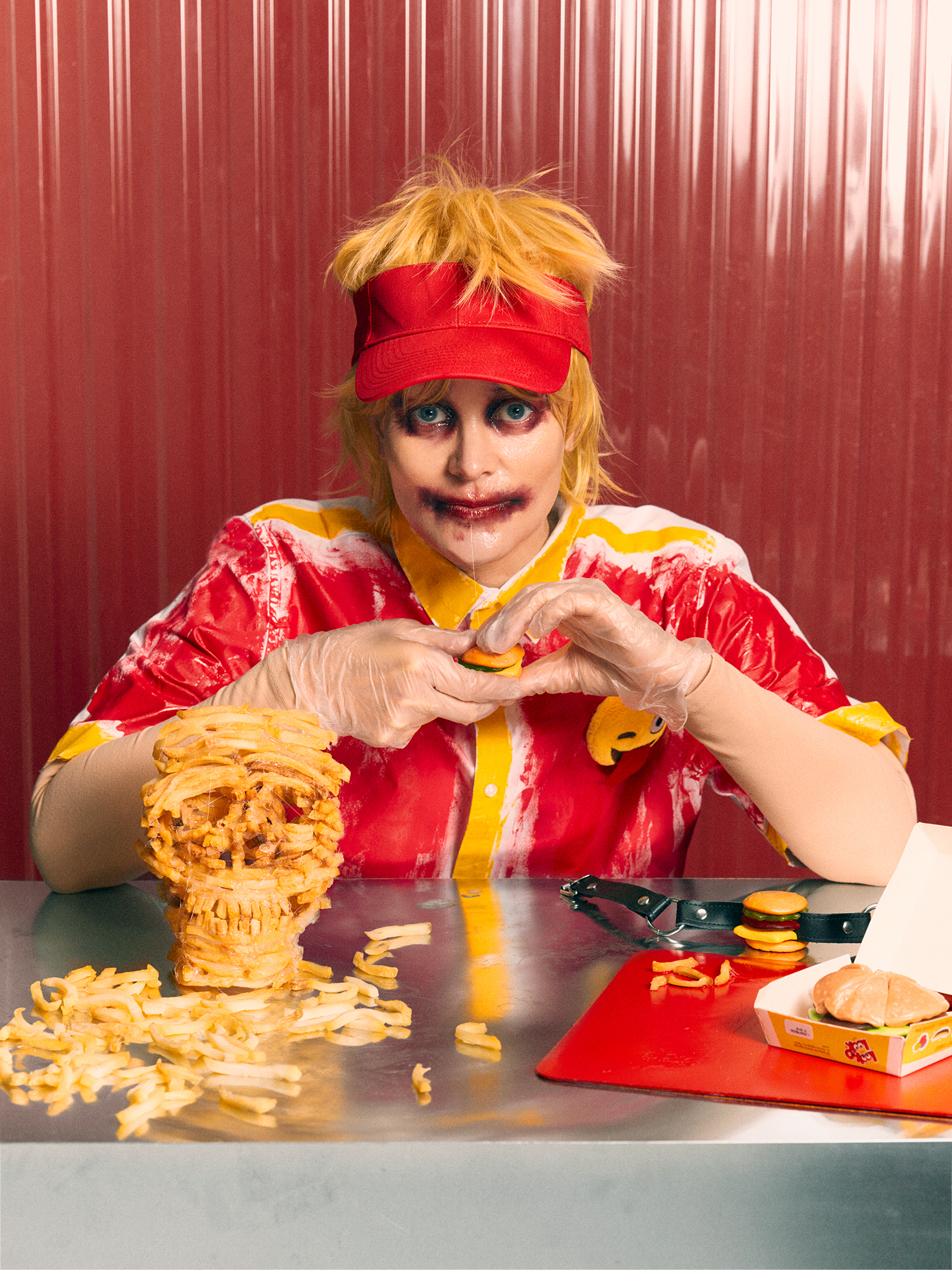 Karin Dreijer klädd i röd/gula kläder sittandes vid ett bord med en stor hög pommes frites framför sig. Hon har en minihamburgare i handen.