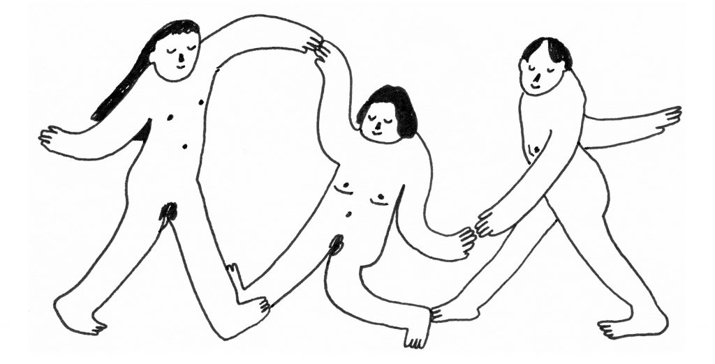 Illustration med dansande nakna människor
