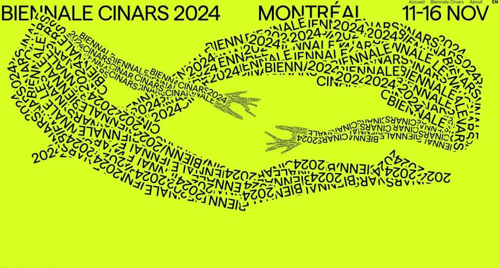 Bilden visar en grafisk design relaterad till “Cinars Biennale 2024” där texten är konstnärligt arrangerad för att bilda formen av två händer som nästan rör vid varandra, påminnande om Michelangelos “Skapelsen av Adam”. Texten upprepas i olika storlekar för att skapa konturen och detaljerna i händerna. Bakgrunden är en ljus limegrön färg, och det finns ytterligare detaljer som datum “11-16 NOV” och en plats “MONTREAL” inkluderade i designen