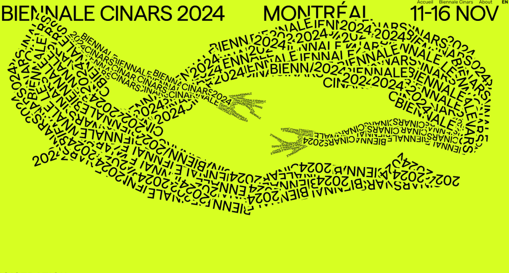 Bilden visar en grafisk design relaterad till “Cinars Biennale 2024” där texten är konstnärligt arrangerad för att bilda formen av två händer som nästan rör vid varandra, påminnande om Michelangelos “Skapelsen av Adam”. Texten upprepas i olika storlekar för att skapa konturen och detaljerna i händerna. Bakgrunden är en ljus limegrön färg, och det finns ytterligare detaljer som datum “11-16 NOV” och en plats “MONTREAL” inkluderade i designen