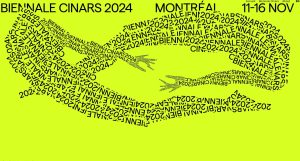 Bilden visar en grafisk design relaterad till “Cinars Biennale 2024” där texten är konstnärligt arrangerad för att bilda formen av två händer som nästan rör vid varandra, påminnande om Michelangelos “Skapelsen av Adam”. Texten upprepas i olika storlekar för att skapa konturen och detaljerna i händerna. Bakgrunden är en ljus limegrön färg, och det finns ytterligare detaljer som datum “11-16 NOV” och en plats “MONTREAL” inkluderade i designen